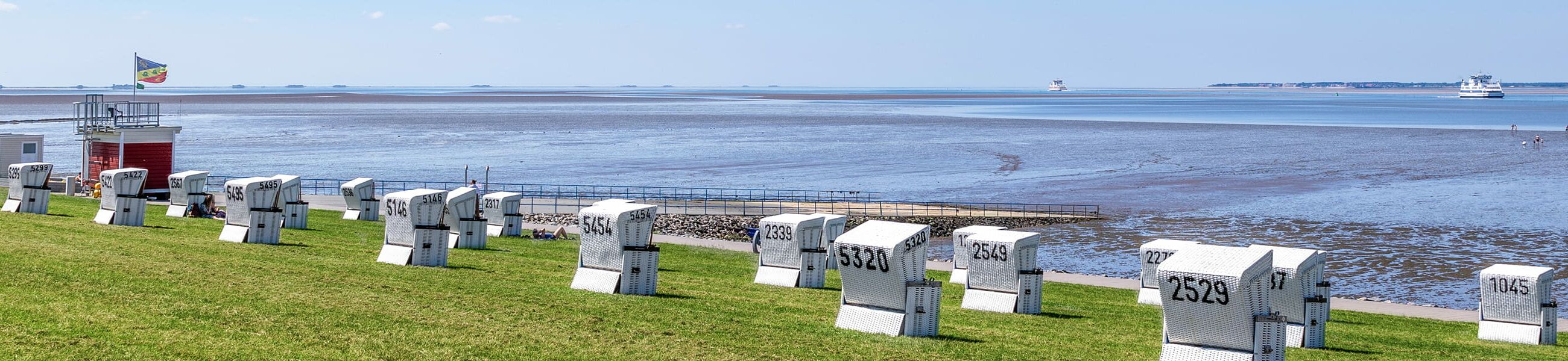 Strandkörbe am Deich an der Nordsee nahe Ferienwohnungen in strandnaher Lage